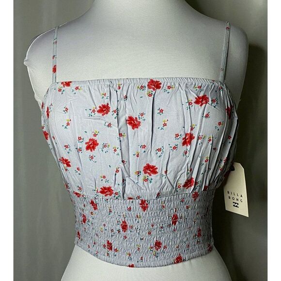 Billabong After Hours Blue Floral Smocked Waist Camisole Sz M 10 Stretch  NEW - Picture 1 of 10